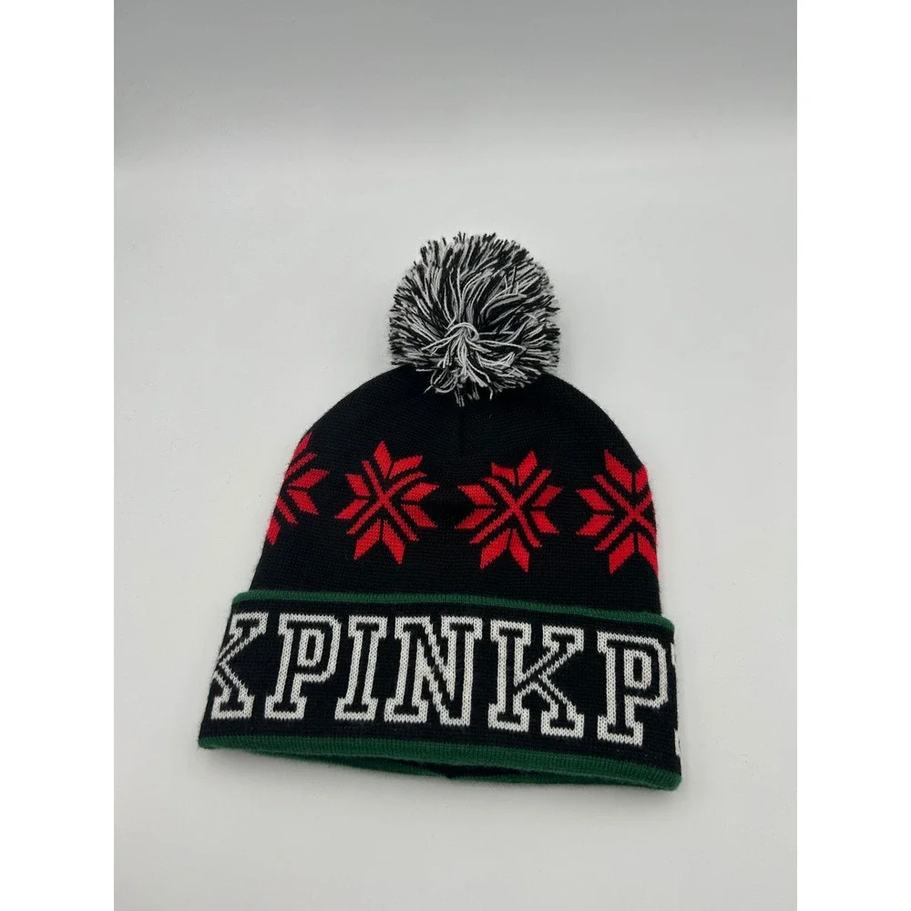 Victorias Secret PINK Beanie Hat Black Red Snowflake Fair Isle Pom Pom Knit